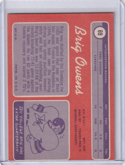 1970 Topps Football card of Brig Owens with player stats and illustration for Redskins