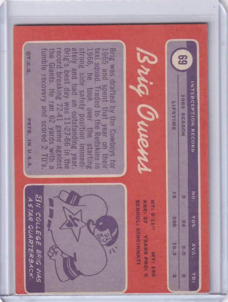 1970 Topps Football card of Brig Owens with player stats and illustration for Redskins