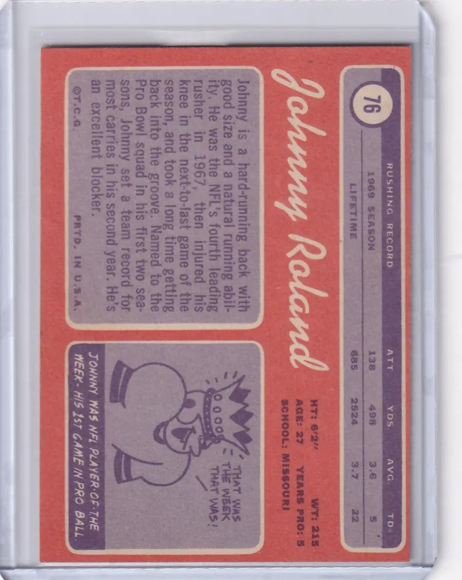 Baseball trading card featuring Johnny Roland of the St. Louis Cardinals on a red background