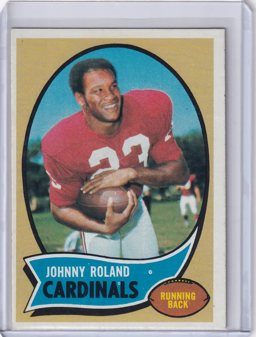 Vintage Topps Football card of Johnny Roland from the St Louis Cardinals in red jersey