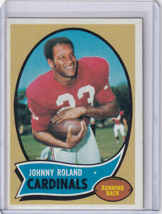 Vintage Topps Football card of Johnny Roland from the St Louis Cardinals in red jersey