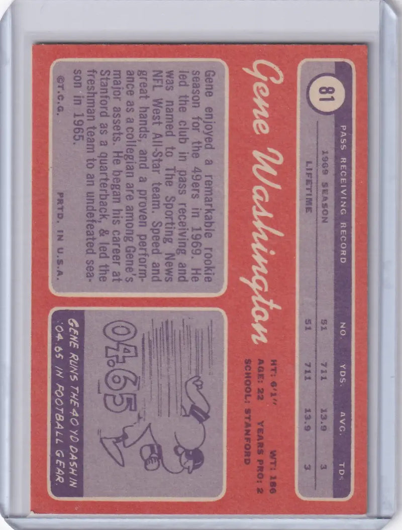 Back of vintage 1970 Topps Football Gene Washington San Francisco 49ers card