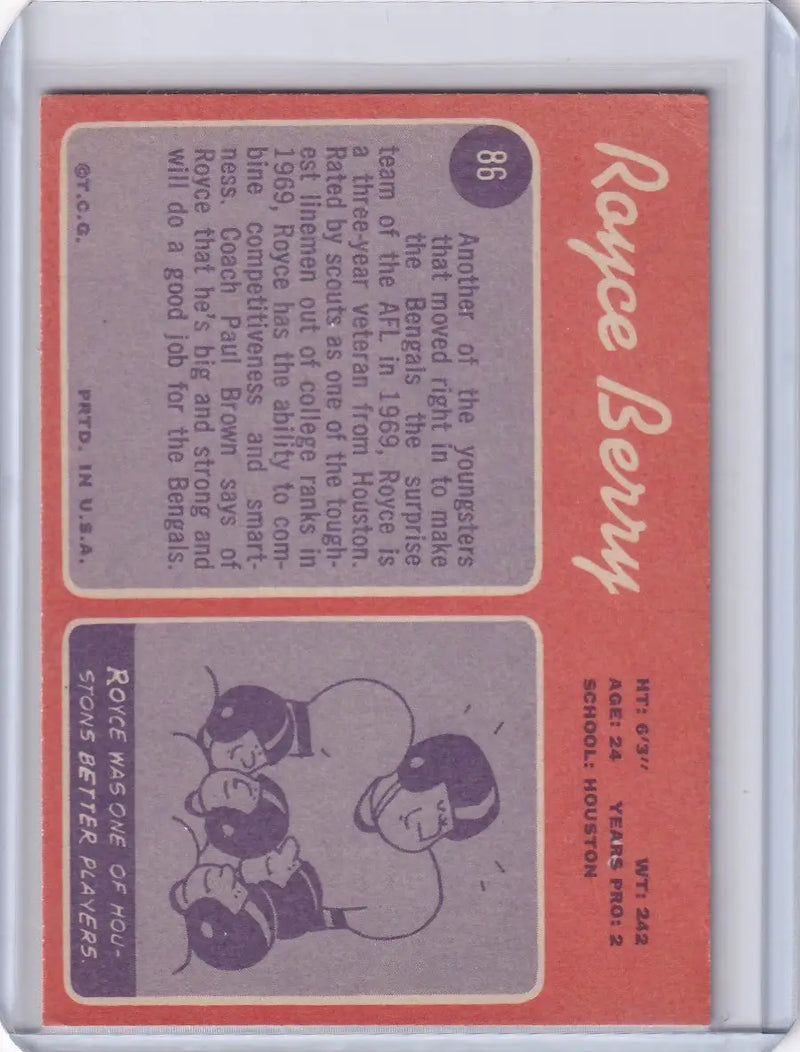 1970 Topps Football #86 Royce Berry RC - Cincinnati Bengals