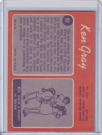 Vintage Topps Football card of Ken Gray showcasing St. Louis Cardinals statistics