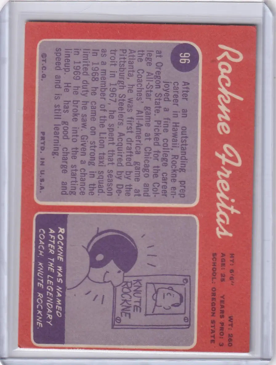 Vintage Topps Football trading card of Rockne Freitas RC from the Detroit Lions