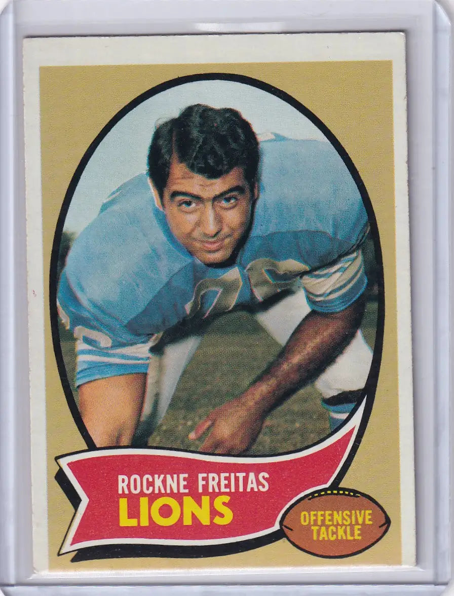 Vintage Topps Football card of Rockne Freitas in Detroit Lions light blue jersey