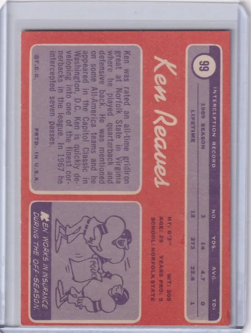 1970 Topps Football #99 Ken Reaves RC - Atlanta Falcons