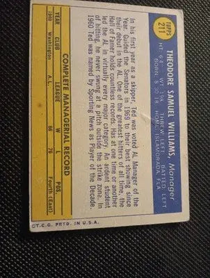 1970 Topps - Ted Williams #211. Mgr. Wash. Senators. surface crease wear. VG+ - Baseball Card Single