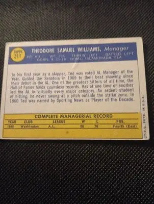 1970 Topps - Ted Williams #211. Mgr. Wash. Senators. surface crease wear. VG+ - Baseball Card Single