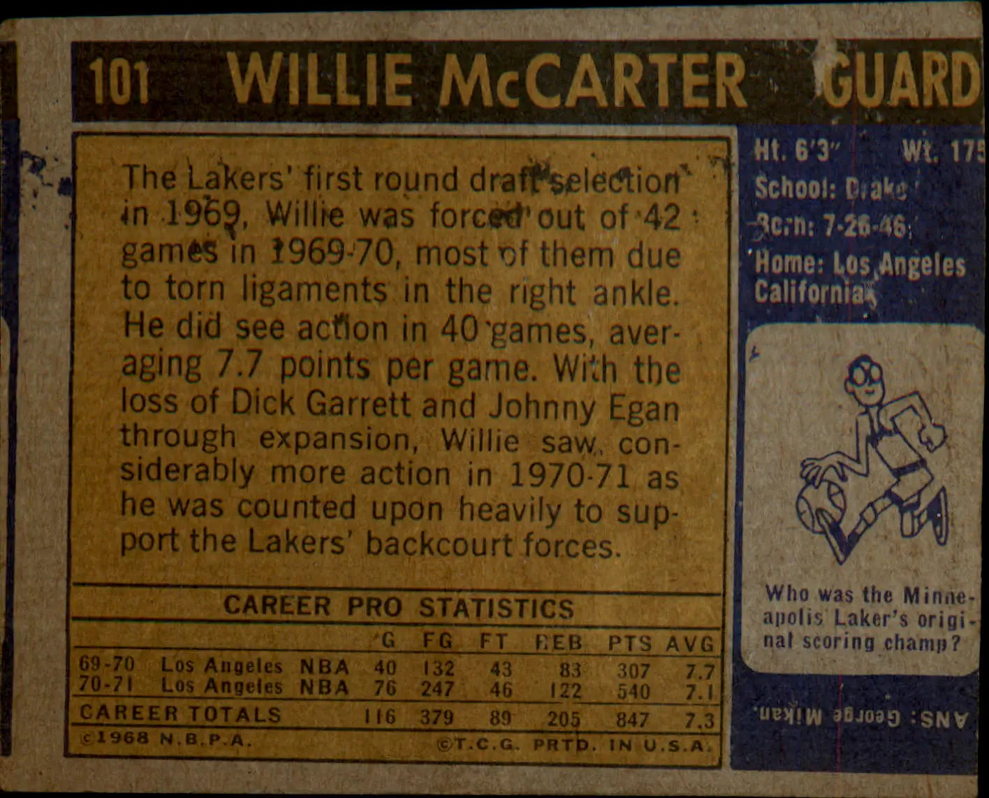 1971-72 Topps #101 Willie McCarter - Basketball Card Single