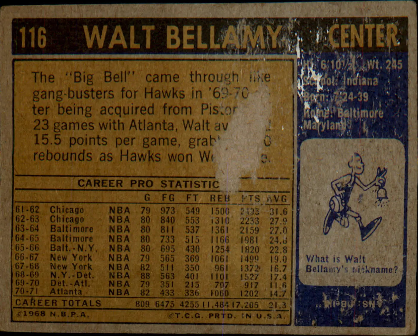 1971-72 Topps #116 Walt Bellamy - Basketball Card Single