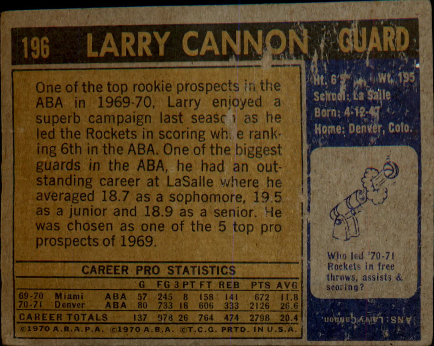 1971-72 Topps #196 Larry Cannon Rookie Rookie - Basketball Card Single