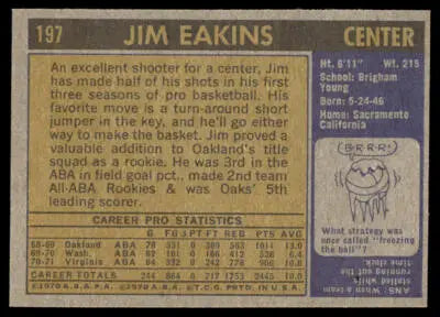 1971-72 Topps #197 Jim Eakins - Basketball Card Single