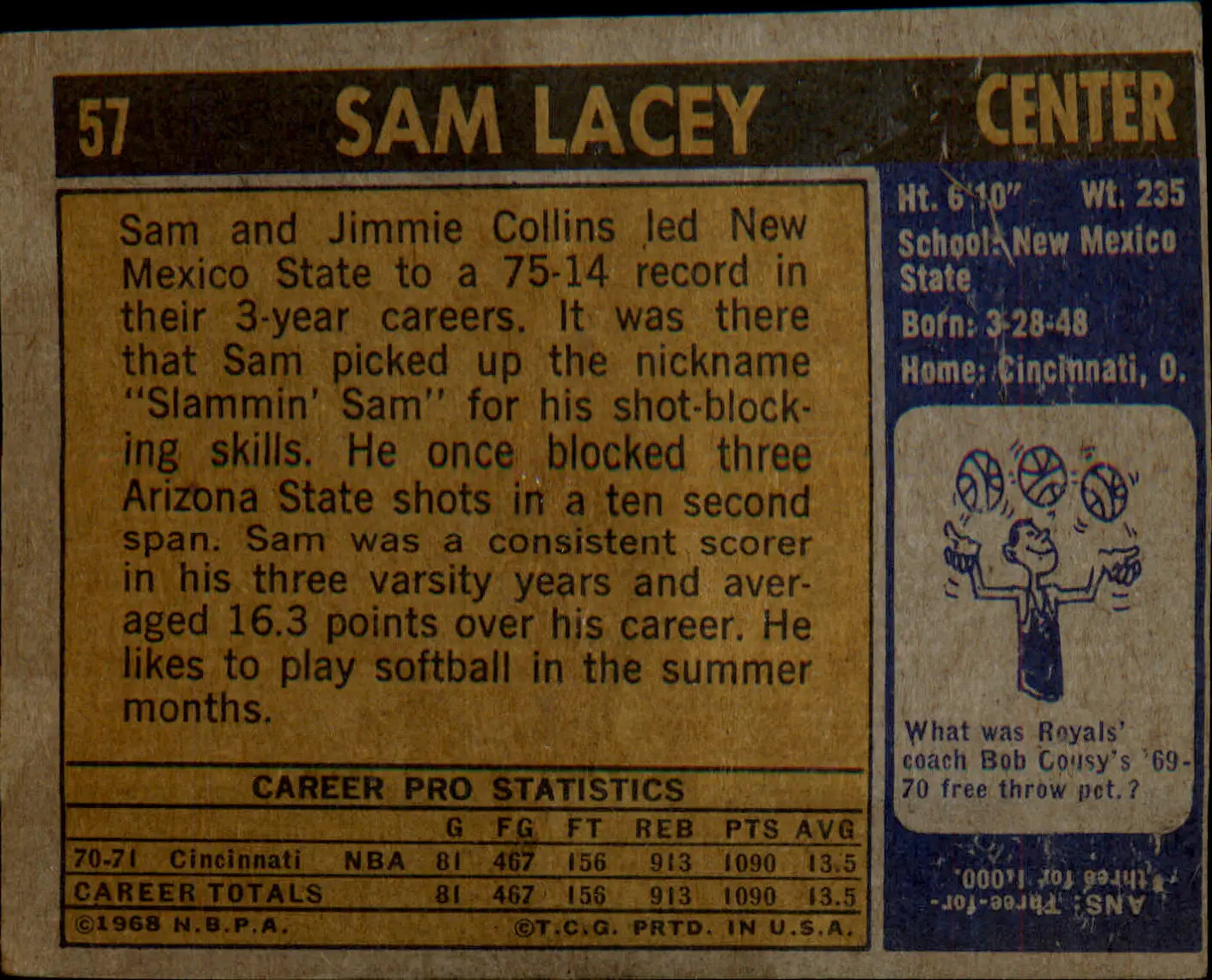 1971-72 Topps #57 Sam Lacey Rookie Rookie - Basketball Card Single