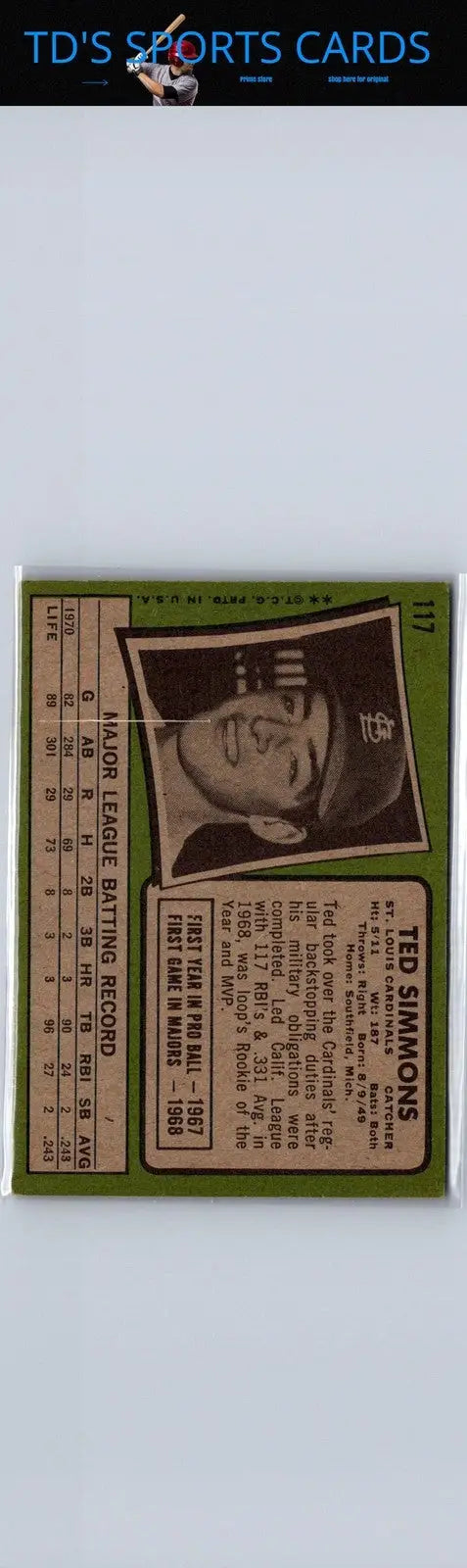 Ted Simmons baseball card from 1971 Topps #117 featuring the Louis Cardinals star player