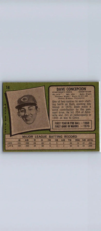 Vintage Dave Concepcion baseball card from the 1971 Topps trading cards collection