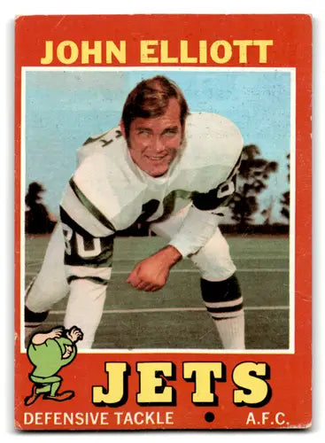 Vintage football trading card of John Elliott with original gloss from 1971 Topps VG Good NY Jets