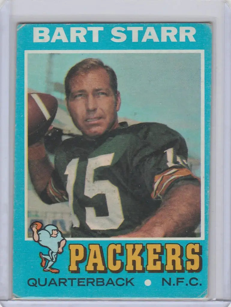 Vintage football trading card of Bart Starr Green Bay Packers quarterback from 1971 Topps