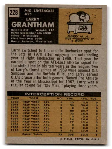 Vintage 1971 Topps Larry Grantham football card with original gloss for good NY Jets fans