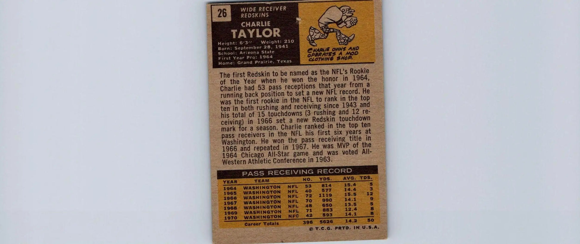 Vintage 1971 Topps #26 Charley Taylor trading card showcasing football history