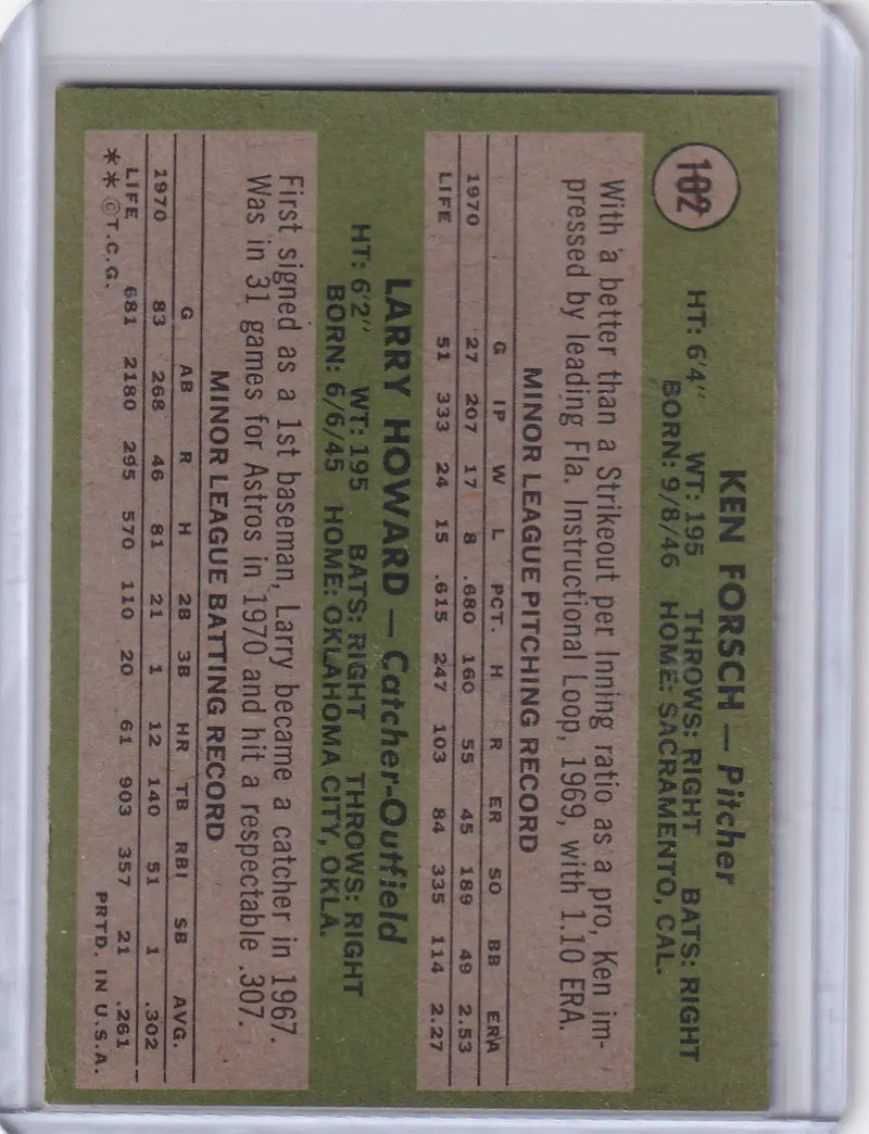 1971 Topps Baseball card featuring Astros Rookies Ken Forsch and Larry Howard RC stats