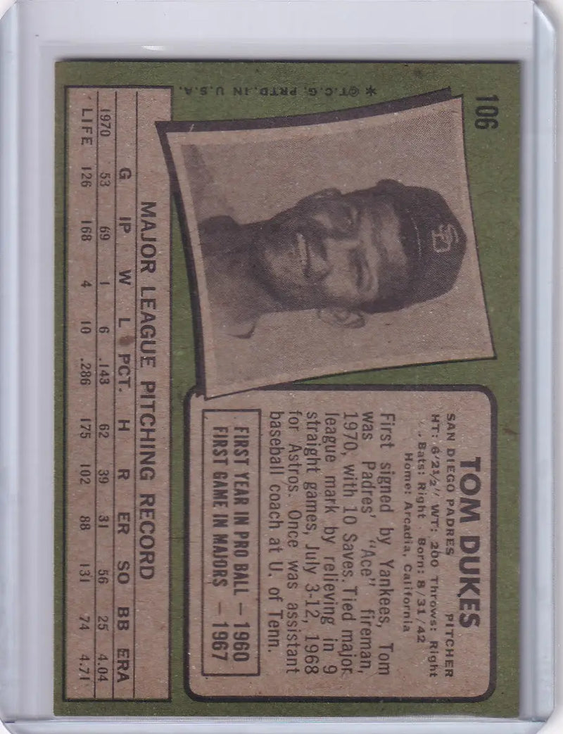 1971 Topps Baseball #106 Tom Dukes - San Diego Padres