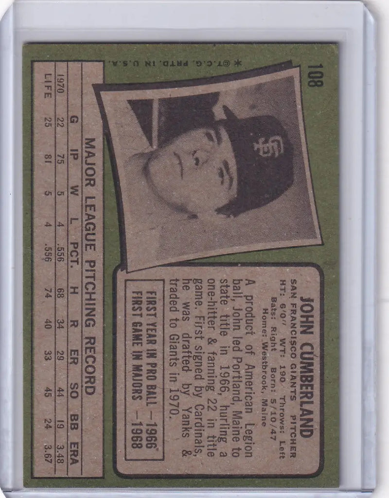 1971 Topps Baseball #108 John Cumberland - San Francisco Giants