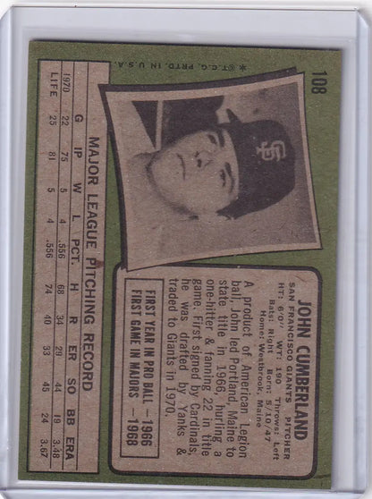 Baseball card of John Cumberland from 1971 Topps Baseball for San Francisco Giants
