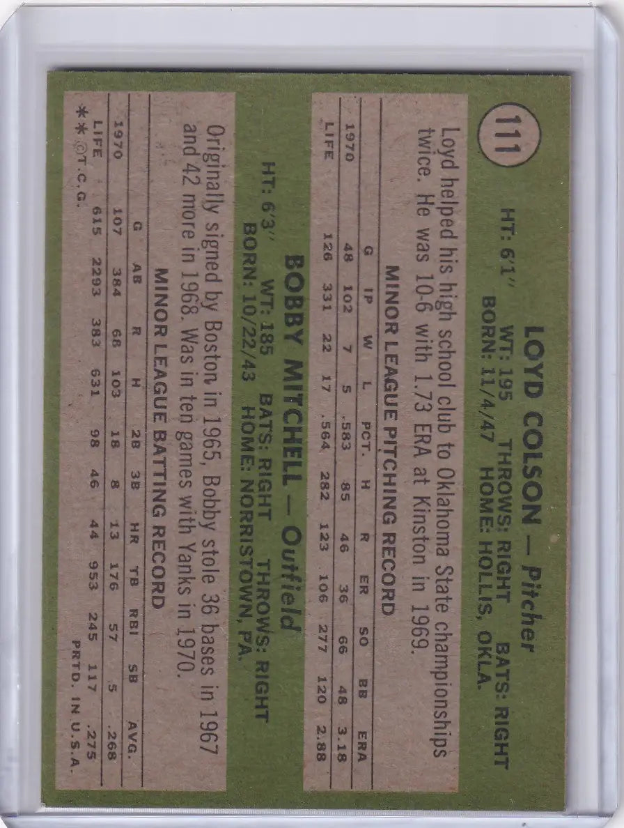 Baseball card showcasing statistics for Yankee Rookies Loyd Colson and Bobby Mitchell
