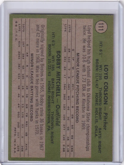 Baseball card showcasing statistics for Yankee Rookies Loyd Colson and Bobby Mitchell