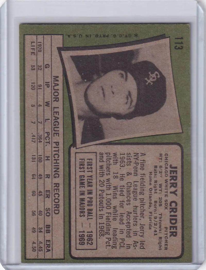 1971 Topps Baseball #113 Jerry Crider - Chicago White Sox