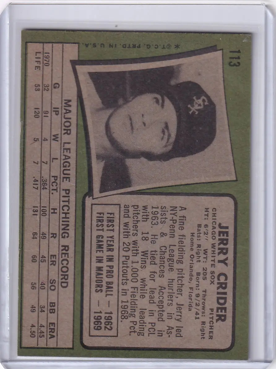 Baseball card of Jerry Crider from the 1971 Topps Baseball series for Chicago White Sox