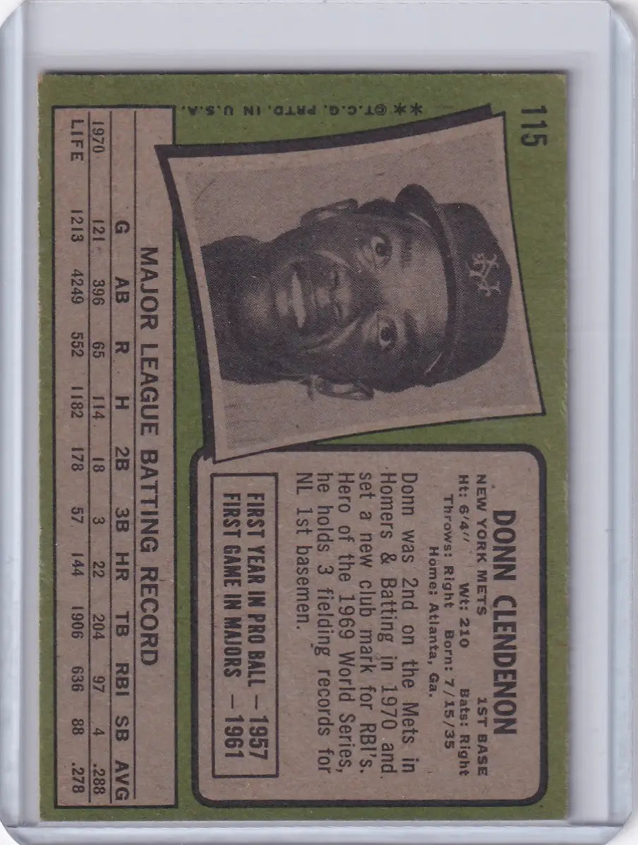 1971 Topps Baseball #115 Donn Clendenon - New York Mets