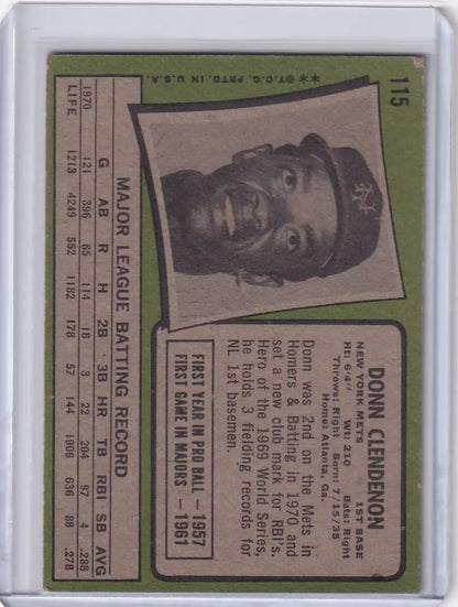 Vintage Topps Baseball card of Donn Clendenon with New York Mets green border design