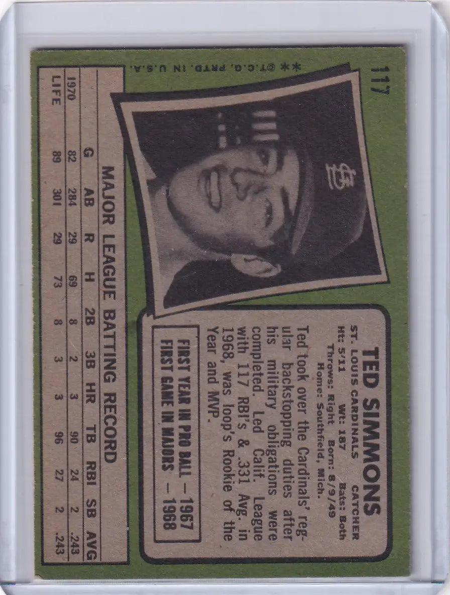 1971 Topps Baseball #117 Ted Simmons - St. Louis Cardinals RC - Baseball Card Single