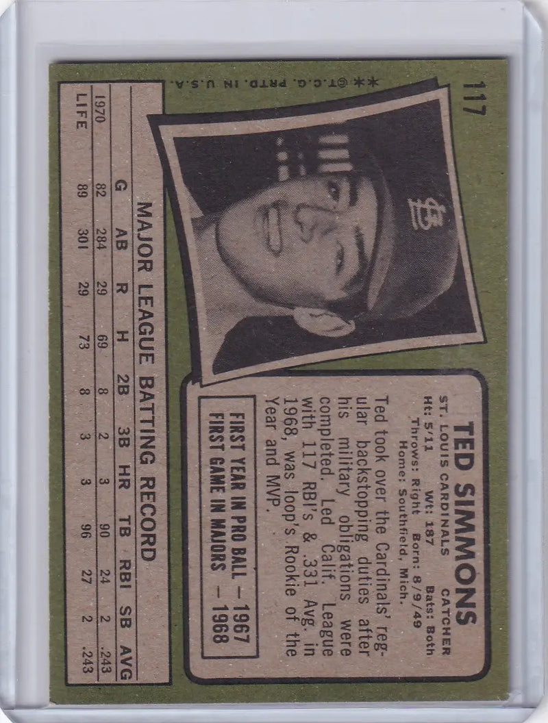 1971 Topps Baseball #117 Ted Simmons - St. Louis Cardinals RC - Baseball Card Single