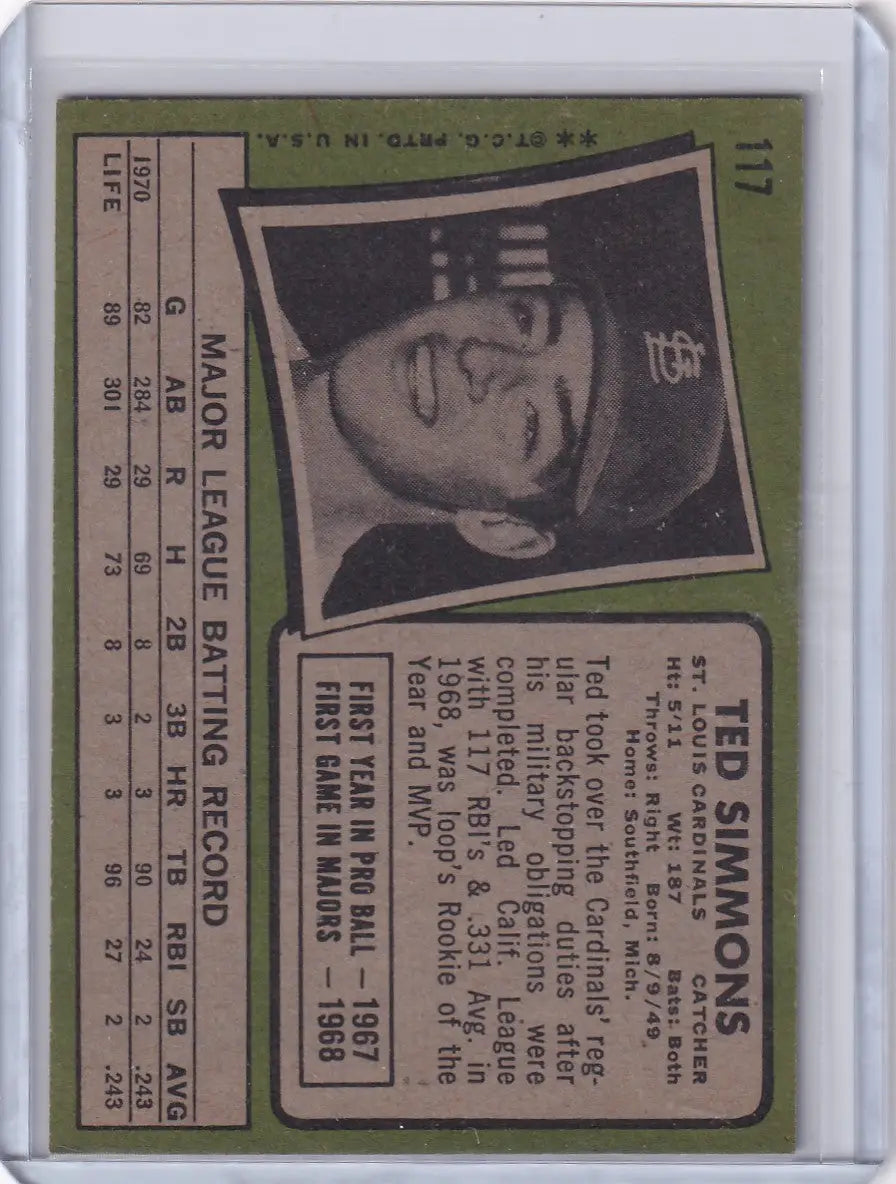 1971 Topps Baseball #117 Ted Simmons - St. Louis Cardinals RC - Baseball Card Single