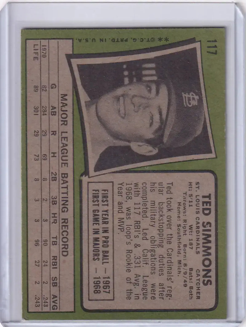 1971 Topps Baseball #117 Ted Simmons - St. Louis Cardinals RC