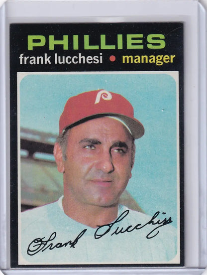 1971 Topps Baseball card of Frank Lucchesi, Philadelphia Phillies manager in red cap