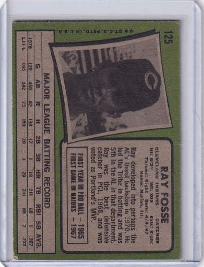1971 Topps Baseball card of Ray Fosse from the Cleveland Indians in protective sleeve