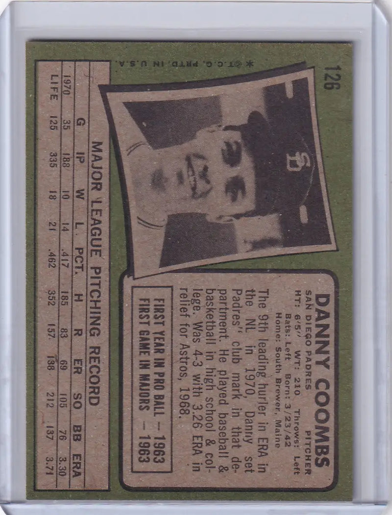 1971 Topps Baseball #126 Danny Coombs - San Diego Padres