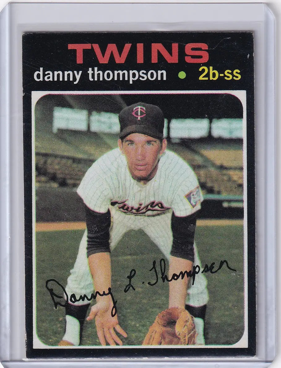 Vintage Topps Baseball card of Danny Thompson crouched fielding for Minnesota Twins