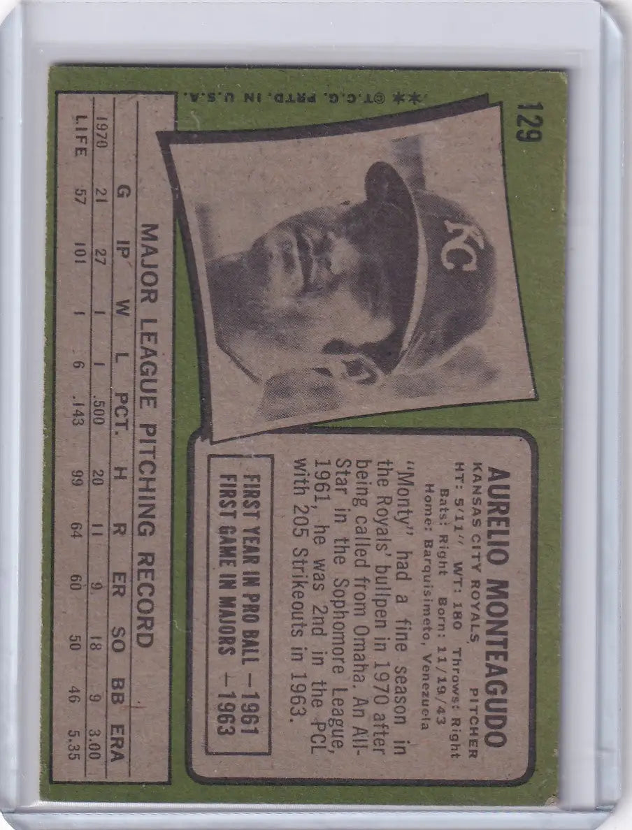 1971 Topps Baseball #129 Aurelio Monteagudo - Kansas City Royals