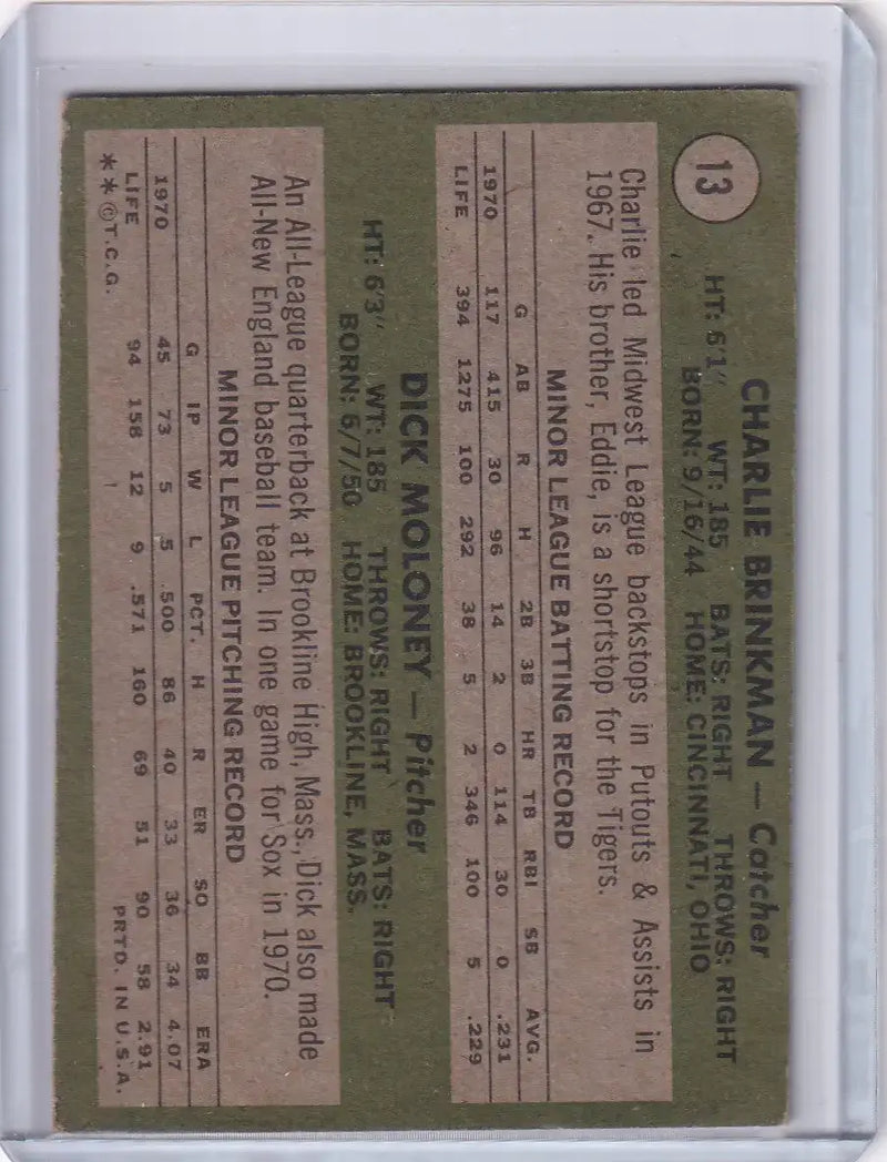 1971 Topps Baseball #13 White Sox Rookies - Charlie Brinkman / Dick Moloney RC - Baseball Card Single