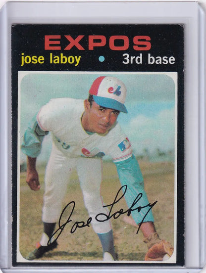 Baseball card of Jose Laboy in a pitching stance, Montreal Expos, Topps Baseball
