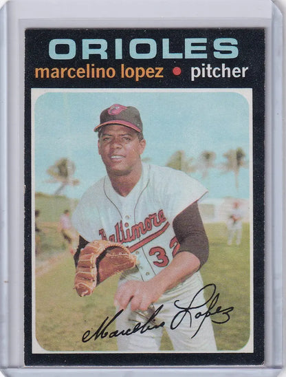 Vintage 1971 Topps Baseball card of Marcelino Lopez, pitcher for the Baltimore Orioles