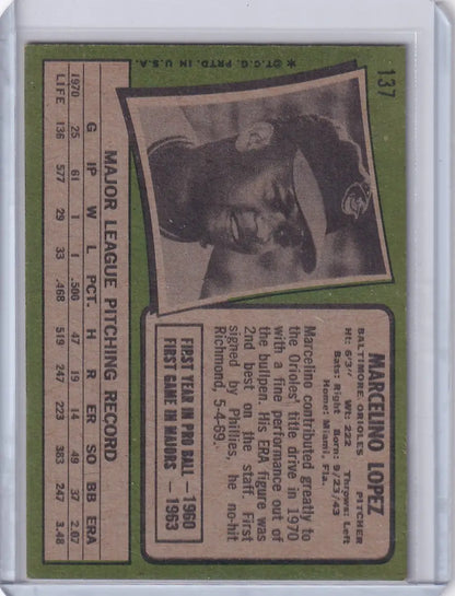 Vintage 1971 Topps Baseball card featuring Marcelino Lopez of the Baltimore Orioles