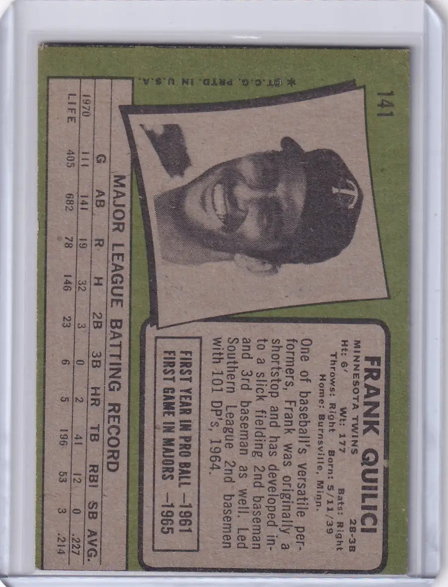 1971 Topps Baseball card of Frank Quilici with stats for Minnesota Twins