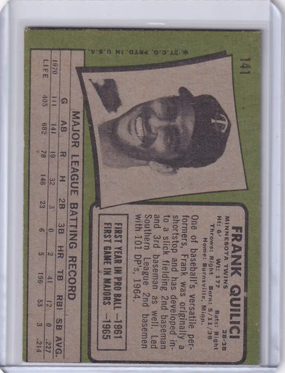1971 Topps Baseball card of Frank Quilici with stats for Minnesota Twins
