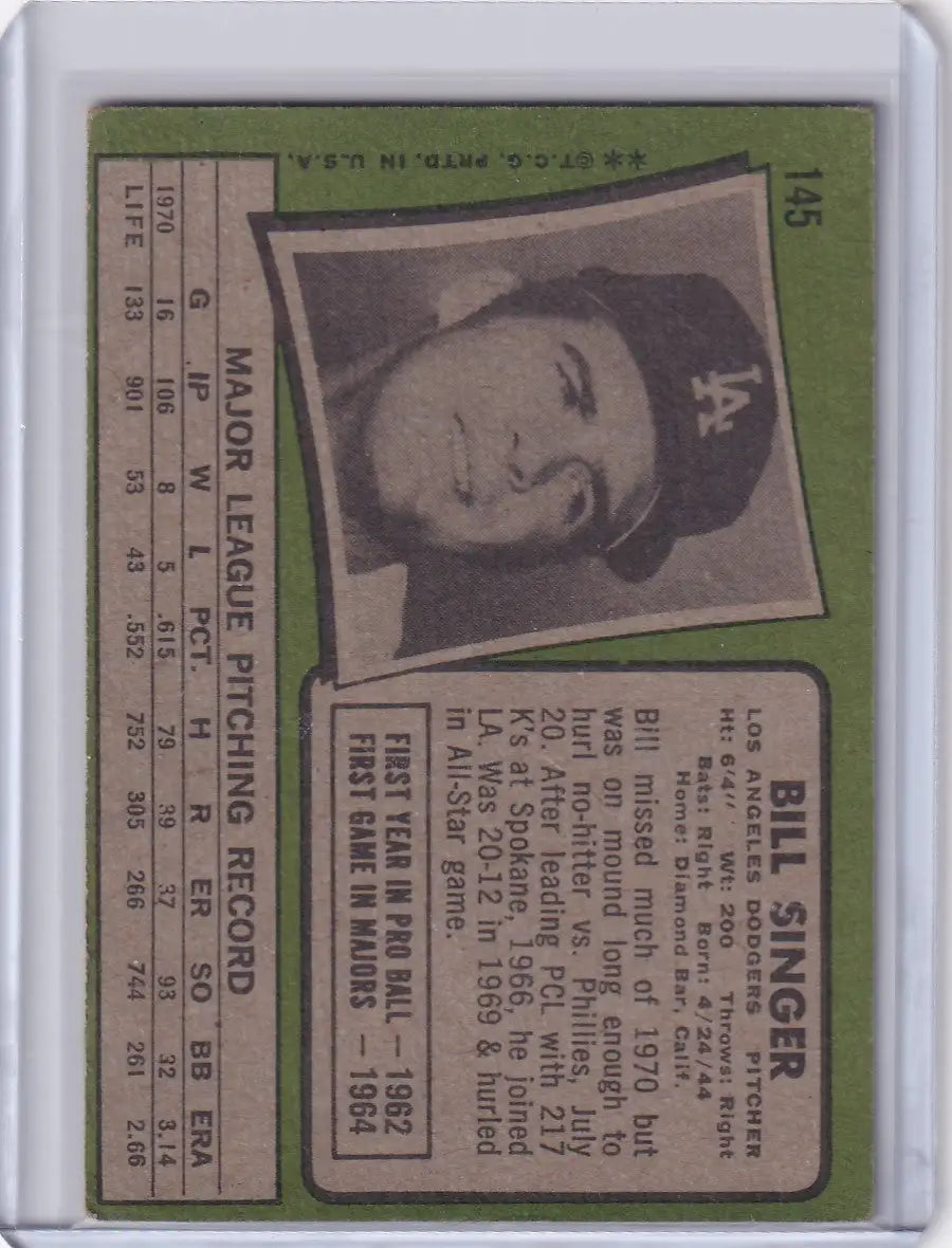 Baseball card of Bill Singer, Los Angeles Dodgers, from 1971 Topps Baseball set